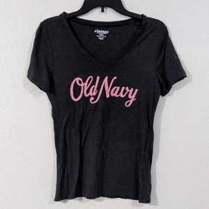 Old Navy Women's Black Tee with Pink Logo